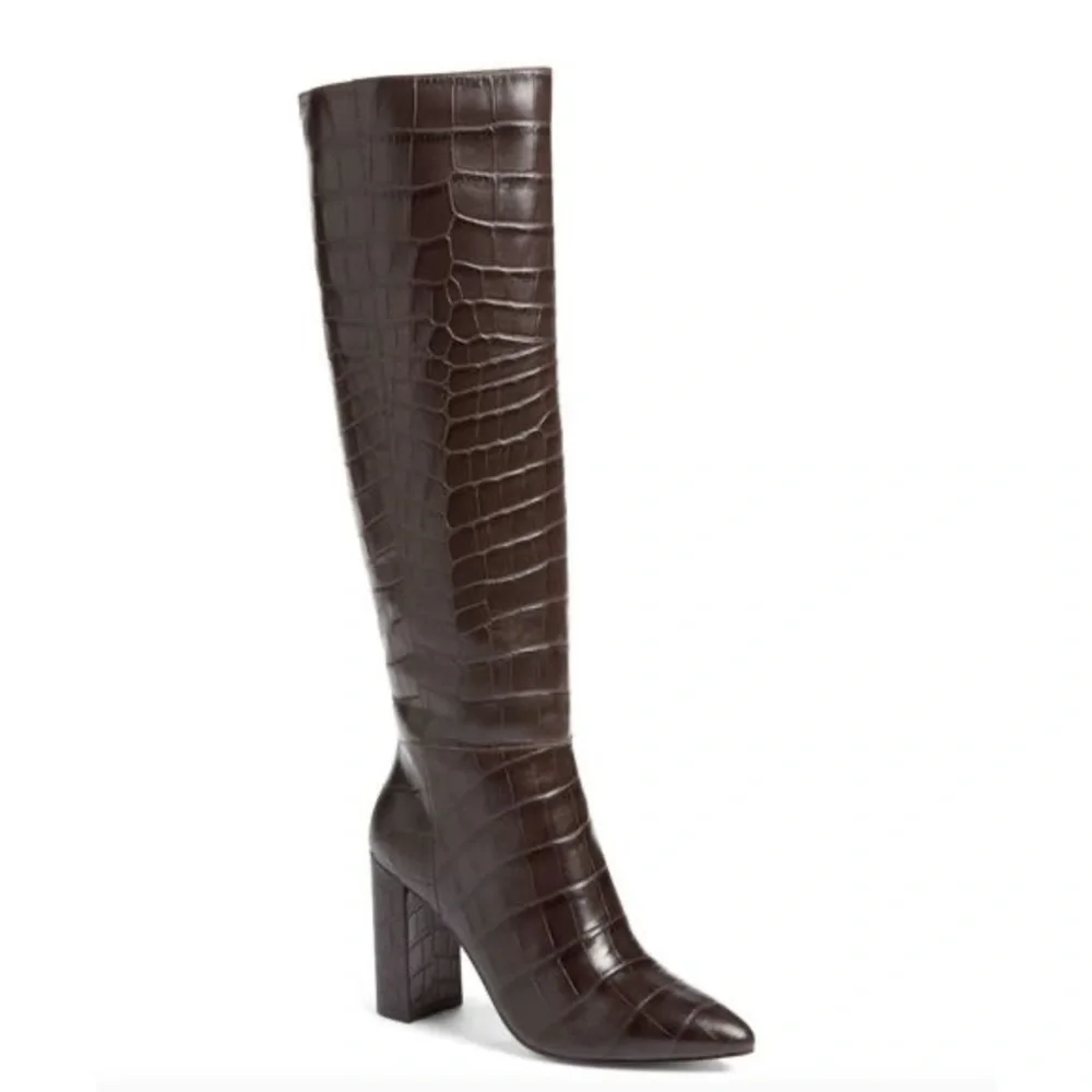 HALOGEN X Atlantic-Pacific Adrina Brown Croc Embossed‎ Tall Boots